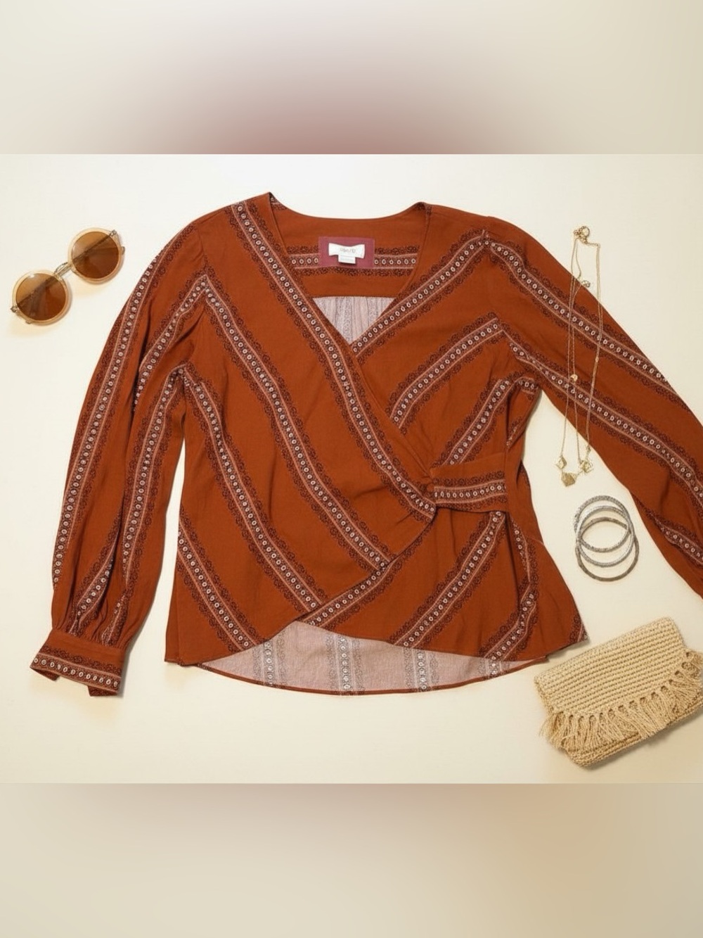 Maeve by Anthropologie Boho Print Wrap Top | Rust Orange Blouse | Medium
